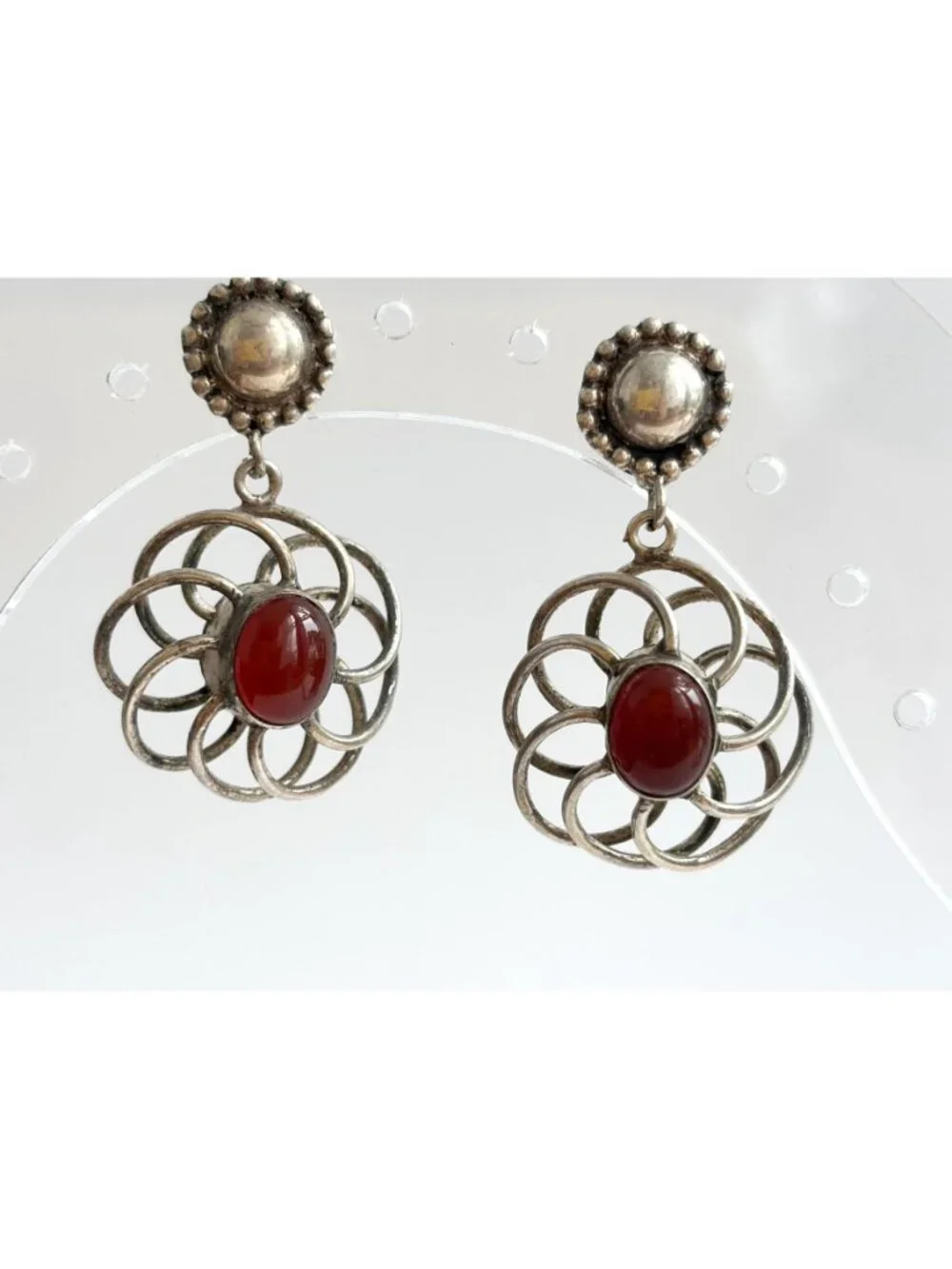 Carnelian Accented Scalloped Vintage Sterling Silver 925 Drop Southwest Earrings